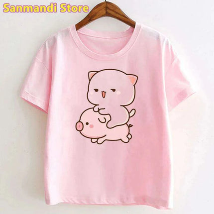 Peach & Goma Mochi Cat with Giraffe Print Kids Tee - Cute Harajuku Style Shirt for Boys & Girls