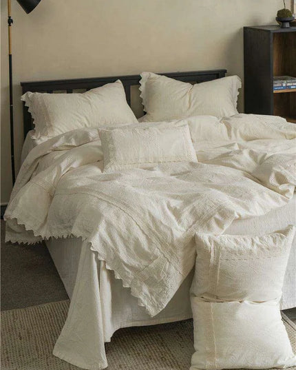 French Vintage Elegant Cotton Linen Lace Duvet Cover and Sheet Set - 4 Piece Collection