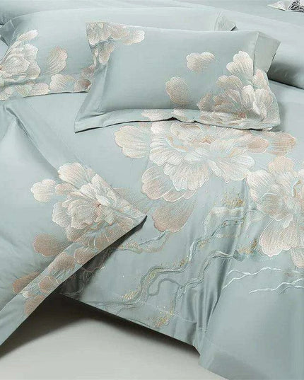 Elegant Floral Embroidered 1400TC Egyptian Cotton 4-Piece Duvet Cover and Sheet Set with Pillowcases