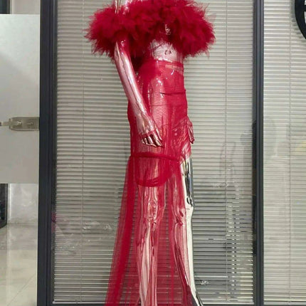 Enchanting Crimson Mesh Sheath Dress with Flowing Ruffles for Unforgettable Nights