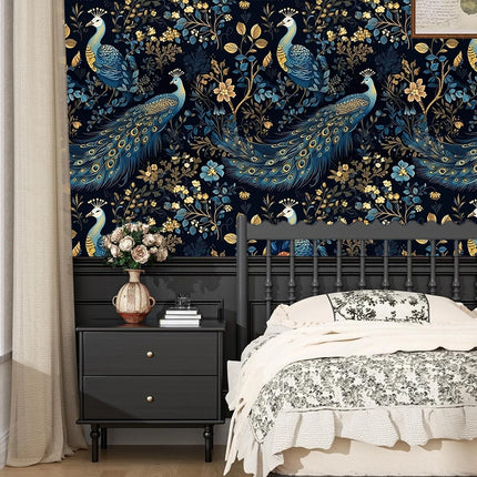Blue Peacock Floral Peel & Stick Wallpaper — PVC, 45 cm Wide