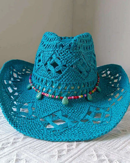 Rose Red Cowboy Straw Hat - Adjustable Wide Brim Sun Hat for All Seasons