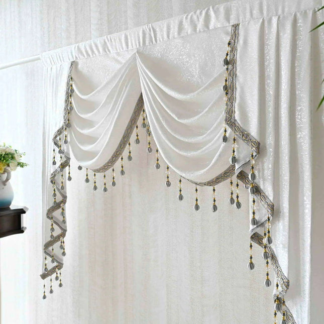 Sophisticated Gray Beaded Waterfall Swag Valance - Luxurious Rod Pocket Curtain Treatment