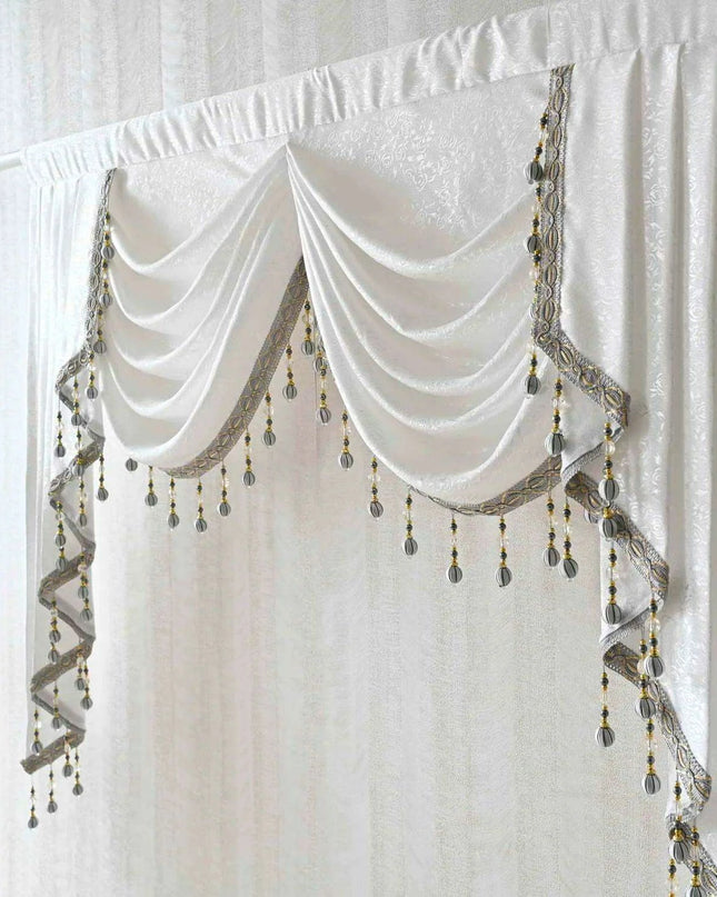 Sophisticated Gray Beaded Waterfall Swag Valance - Luxurious Rod Pocket Curtain Treatment