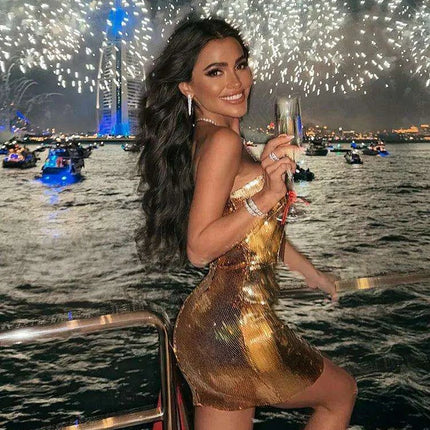 Glistening Gold Sequin Strapless Bodycon Mini Dress for Women