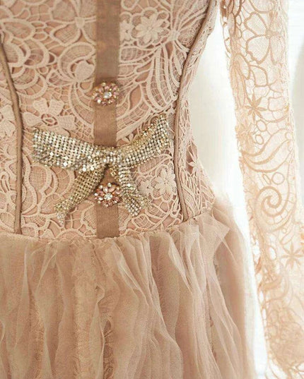 Elegant Lace and Mesh Evening Gown with Dazzling Details