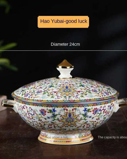 Authentic Elegant Under-glazed Ceramic Soup Pot with Lid and Spoon - Large Round Design with Gold Accents for Chinese Dining and Decor