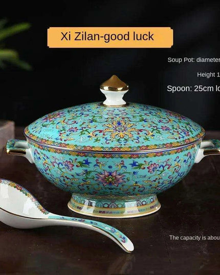 Authentic Elegant Under-glazed Ceramic Soup Pot with Lid and Spoon - Large Round Design with Gold Accents for Chinese Dining and Decor