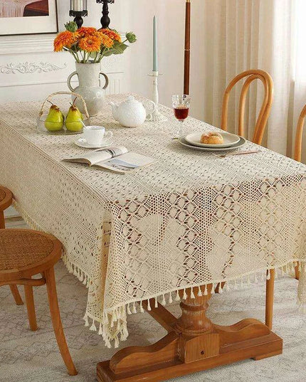 Rustic Elegance Handcrafted Crochet Beige Table Cover - Perfect for Dining, Bridal Celebrations, and Home Decor