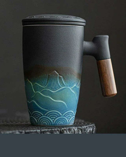 Handcrafted Vintage Porcelain Mug Set with Integrated Strainer