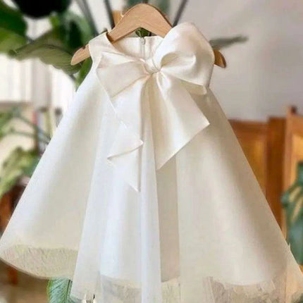 Korean-Inspired Elegant Big Bow Dress for Baby Girl's First Birthday Celebration 2023
