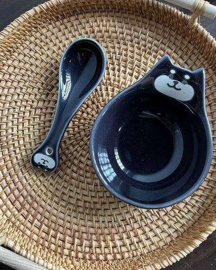 Whimsical Cartoon Relief Ceramic Sauce Bowl with Spoon for Hot Pot and BBQ Delight