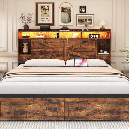 Shop1105673279 Farmhouse King Bed Frame with LED Lights & Storage Draw