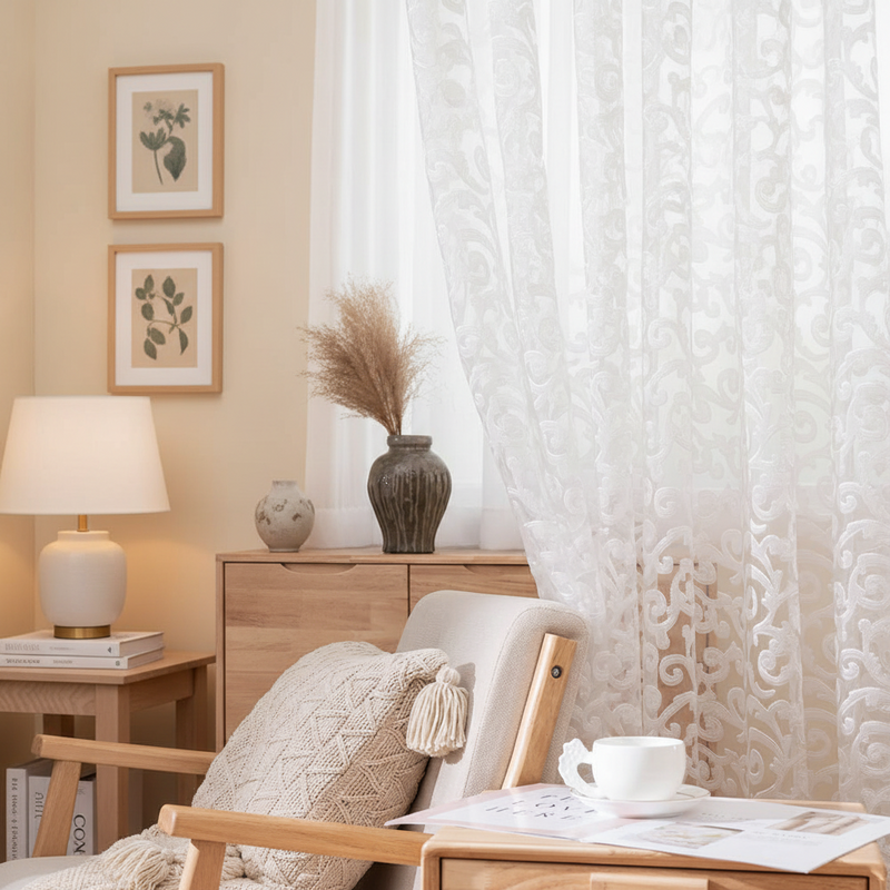 LEEJOOM European Style Jacquard Sheer Curtain Panel - Modern Organza D