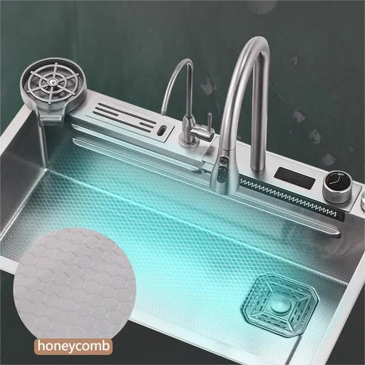 304 Stainless Steel Waterfall Kitchen Sink with Touch Faucet - Large Single Slot, Above Counter Installation