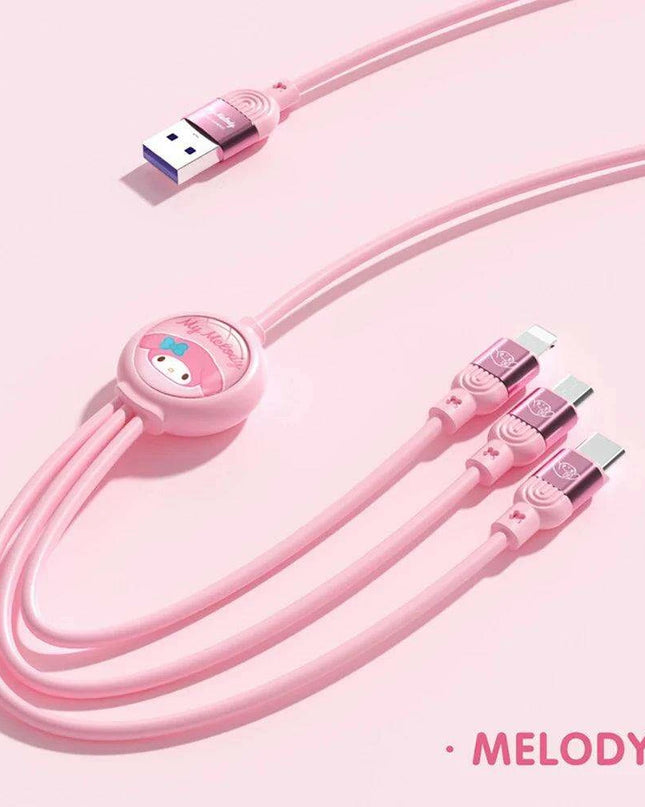 Sanrio Kuromi & Friends 3-In-1 Charging Cable - Adorable Anime Characters USB Cord for Huawei, iPhone, Xiaomi - Durable & Perfect for Gifting