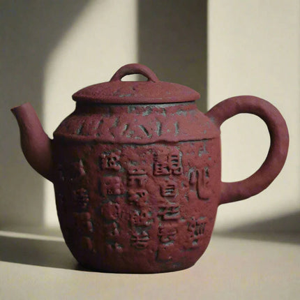 Inspirational Ochre Red Artisan Mini Tea Kettle with Decorative Scripture Embossing