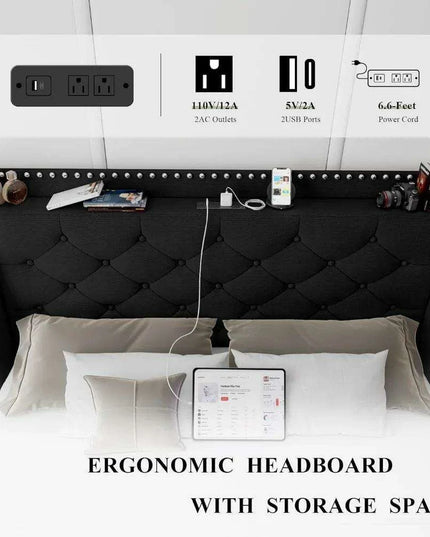 Luxurious Black Wingback Bed Frame with Smart Storage Headboard and Charging Ports
