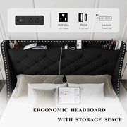 Luxurious Black Wingback Bed Frame with Smart Storage Headboard and Charging Ports