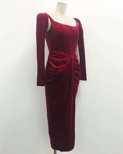 Chic Velvet Long Sleeve Cross-Front Dress with Zipper Detail for Women