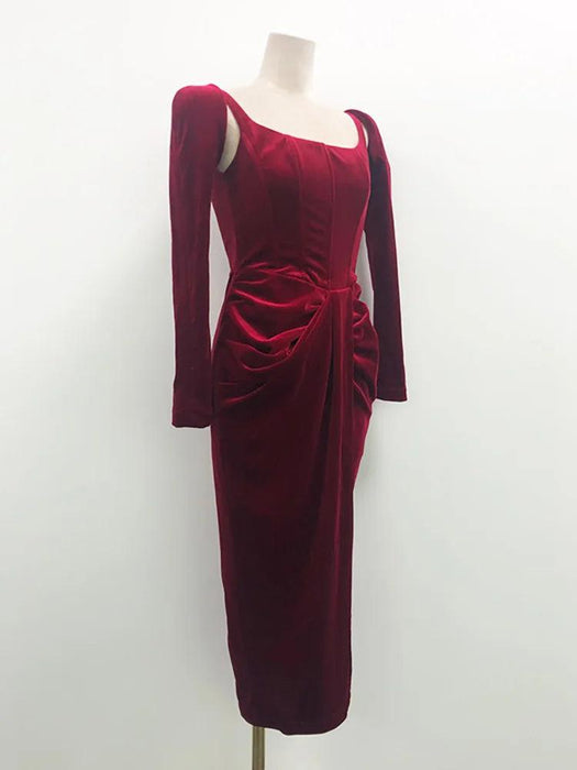 Chic Velvet Long Sleeve Cross-Front Dress with Zipper Detail for Women