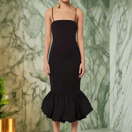 Sleek Black Spaghetti Strap Fishtail Evening Dress - High Waist Glamour for Women