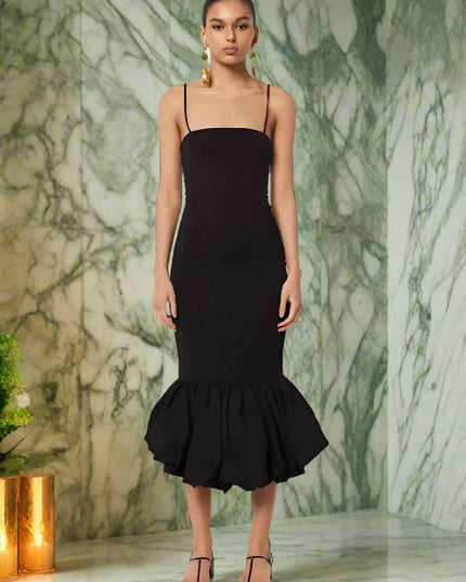 Sleek Black Spaghetti Strap Fishtail Evening Dress - High Waist Glamour for Women