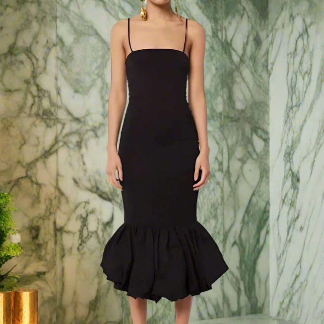 Sleek Black Spaghetti Strap Fishtail Evening Dress - High Waist Glamour for Women