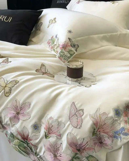 Luxury Butterfly Floral Embroidery Duvet Cover Set - Soft Lyocell Eucalyptus Fiber Bedding with Pillowcases and Flat Sheet