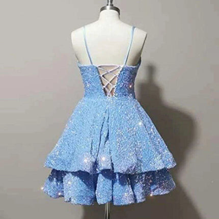 Sparkling Tiered Sequin Spaghetti Strap Short Cocktail Dress for Young Women