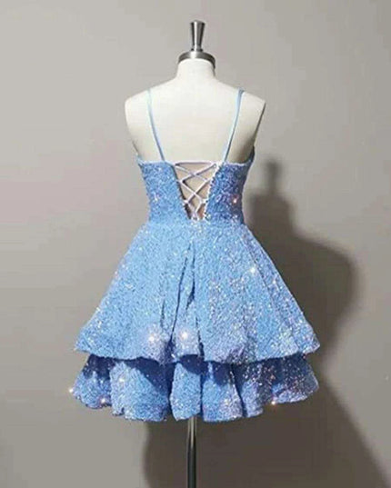 Sparkling Tiered Sequin Spaghetti Strap Short Cocktail Dress for Young Women