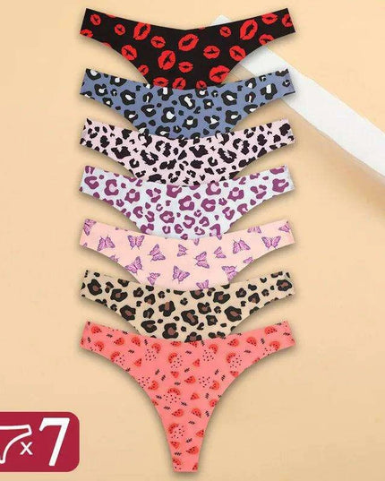 7Pcs Seamless Ice Silk Thong Set for Women - Fresh Low Waisted Print Underwear