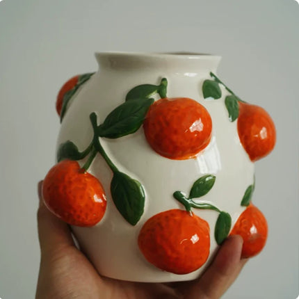 Hand Drawn Lemon Relief Ceramic Vase, Lemon Girl Desktop Flower Vase,