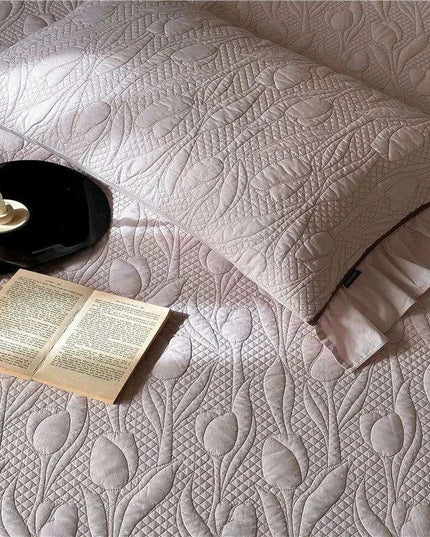 Queen Size 3-Piece Quilted Bedspread Set with Tree Leaves Motif and Pleated Trim - Soft Cotton Comfort