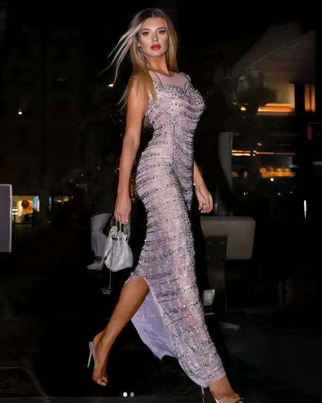 Sparkling Rhinestone-Studded Mesh Performance Dress for Nightclub Stars