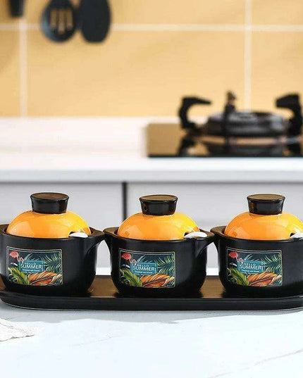 Sophisticated Ceramic Spice Organizer Set - Stew Cup, Oil Dispenser, and Sauce Holder