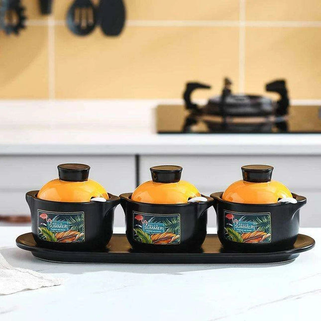 Sophisticated Ceramic Spice Organizer Set - Stew Cup, Oil Dispenser, and Sauce Holder