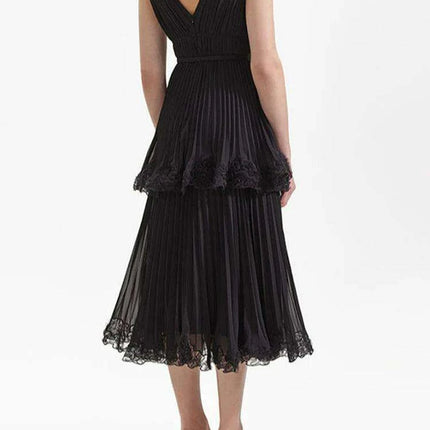 Pleated V-neck Chiffon Evening Dress with Slim Waist Design for Women