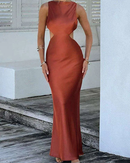 Satin Backless Bodycon Sexy Maxi Dress Women High Elastic Satin O Neck Sleeveless