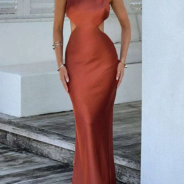 Satin Backless Bodycon Sexy Maxi Dress Women High Elastic Satin O Neck Sleeveless