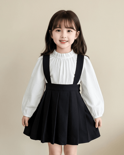 Girls' Long Sleeve Top and Playful Suspender Skirt Ensemble for Effortless Style