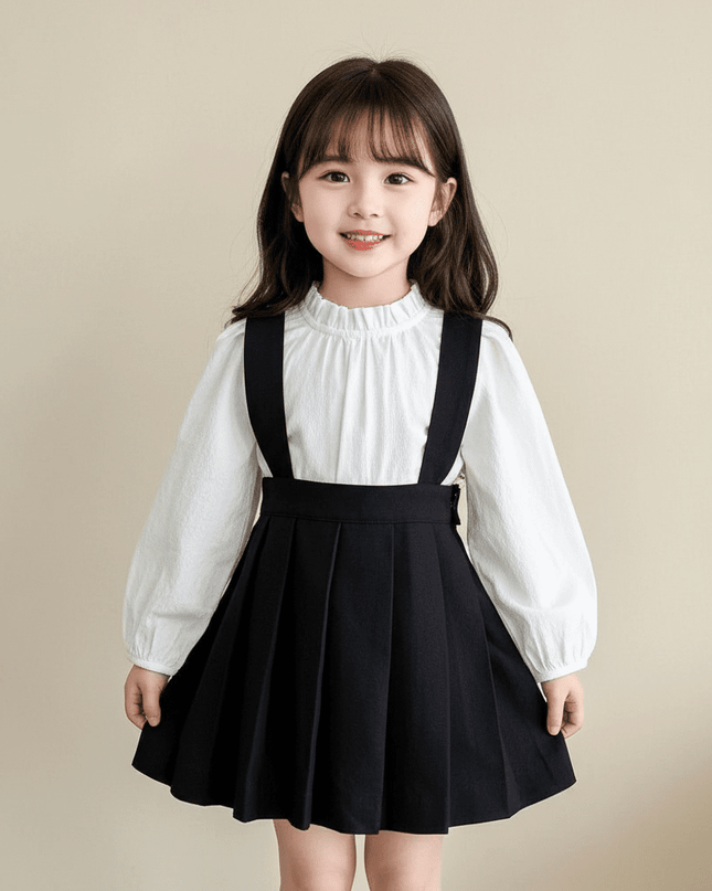 Girls' Long Sleeve Top and Playful Suspender Skirt Ensemble for Effortless Style