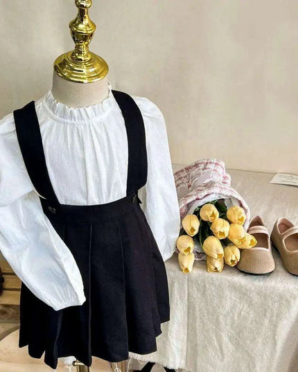 Girls' Long Sleeve Top and Playful Suspender Skirt Ensemble for Effortless Style