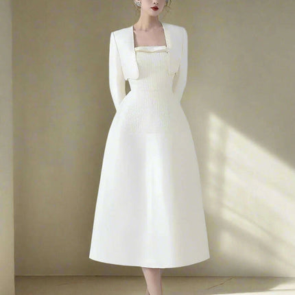 Chic 2-Piece Elegant Dress Set with Bowknot High Waist and Short Coat for Summer 2024