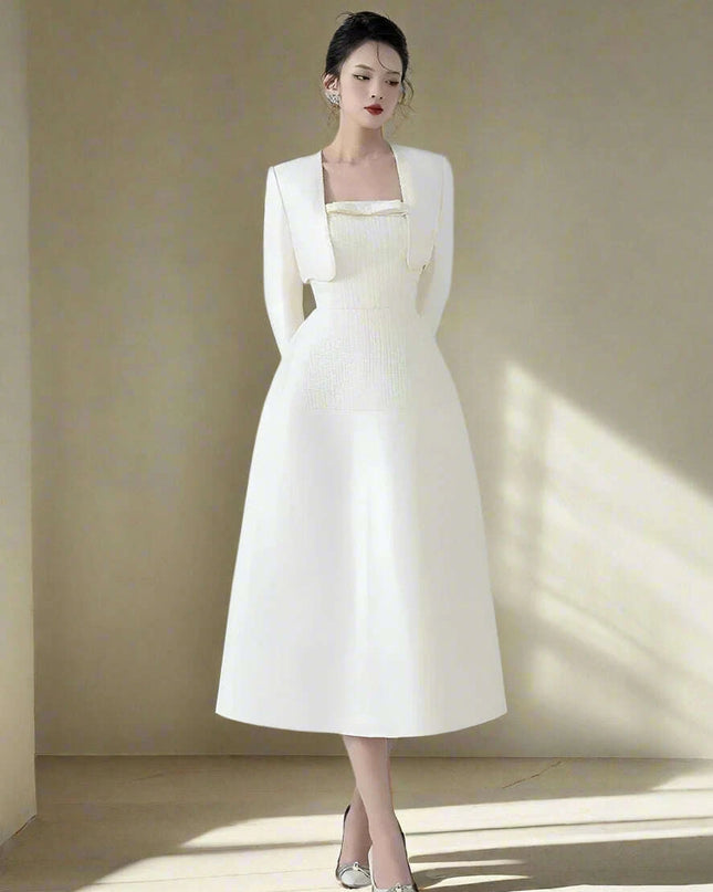 Chic 2-Piece Elegant Dress Set with Bowknot High Waist and Short Coat for Summer 2024