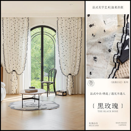 French Black Rose Embroidered Sheer Curtain — Light-Permeable, Custom Length