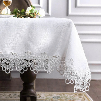 Battilo Lace Embroidery White Floral Rectangle Tablecloth Waterproof Oilproof
