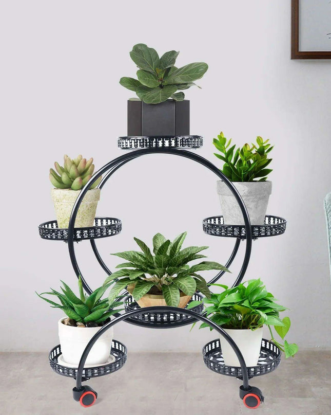 Elegant Rolling Metal Plant Display Stand with 6 Pot Holders for Indoor and Outdoor Use