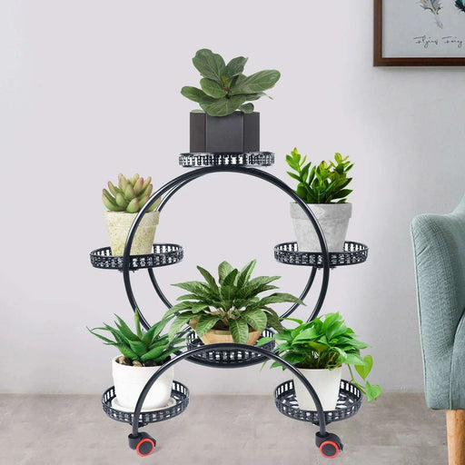 Elegant Rolling Metal Plant Display Stand with 6 Pot Holders for Indoor and Outdoor Use