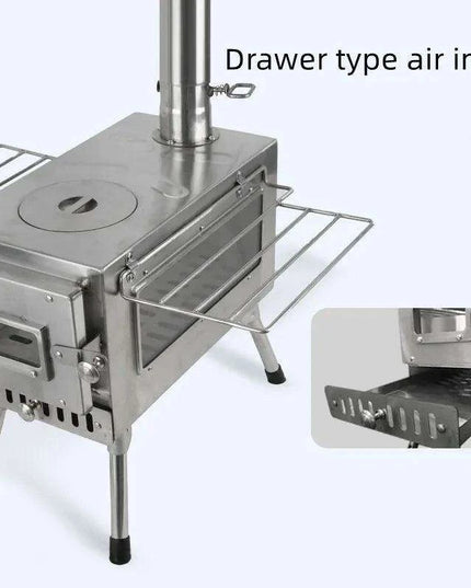 Compact Stainless Steel Outdoor Wood Stove with Chimney for Cooking and Heating